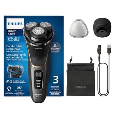 Philips Electric Shaver Series 3000 - Rasoir électrique Wet & Dry pour hommes avec technologie SkinProtect, Tondeuse rétractable, Socle de recharge, Housse de voyage, Noir, modèle S3342/13